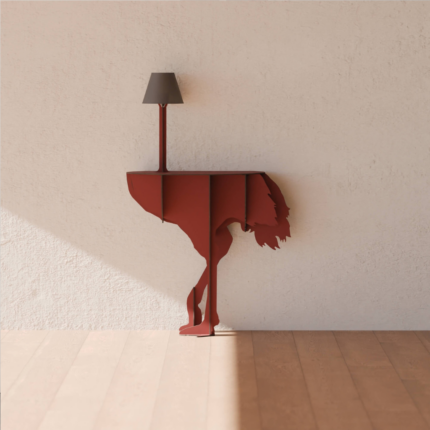 RED OSTRICH WALL LAMP by Rachel & Benoît Convers — deep red flat cut ostrich body with slim pole and dark lamp shade, against warm cream plaster wall