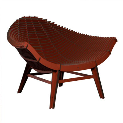 TERRACOTA ARMCHAIR BY RACHEL & BENOIT CONVERS — wide sculptural slatted shell seat in deep fired-clay terracotta, viewed from rear three-quarter angle on four angled cross-braced legs, on white background