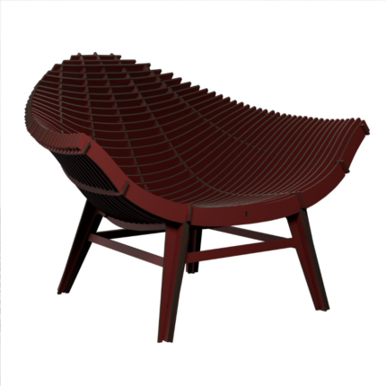 RED ARMCHAIR BY RACHEL & BENOIT CONVERS — wide sculptural slatted shell seat in dark oxblood burgundy, viewed from rear three-quarter angle on four angled cross-braced legs