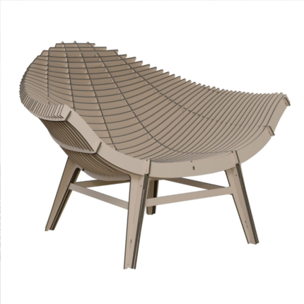 NUDE ARMCHAIR BY RACHEL & BENOIT CONVERS — wide sculptural slatted shell seat in warm taupe-beige, viewed from rear three-quarter angle on four angled cross-braced legs, on white background