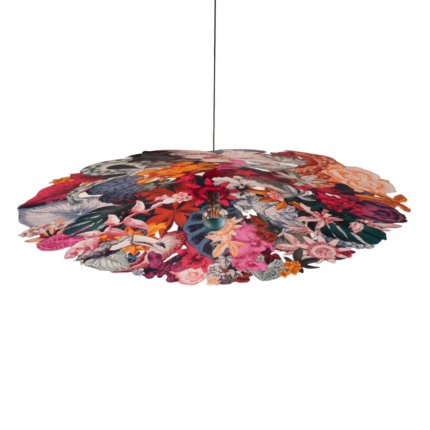 HIBISCUS BOUCAN PENDANY BY JURAJ STRAKA — circular pendant light with densely layered botanical cut silhouettes of tropical flowers, birds and leaves in different colors, exposed Edison filament bulb at centre