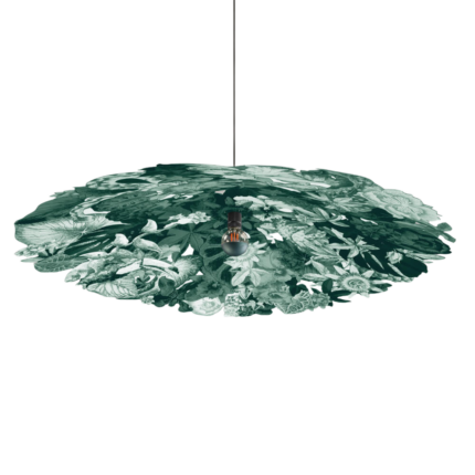 SAUGE BOUCAN PENDANY BY JURAJ STRAKA — monochromatic forest green botanical disc lamp with layered tropical flowers, Edison bulb, dark cable