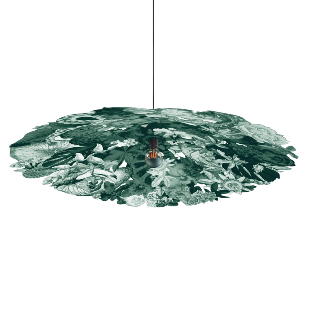 SAUGE BOUCAN PENDANY BY JURAJ STRAKA — monochromatic forest green botanical disc lamp with layered tropical flowers, Edison bulb, dark cable SAUGE BOUCAN PENDANY BY JURAJ STRAKA — monochromatic forest green botanical disc lamp with layered tropical flowers, Edison bulb, dark cable