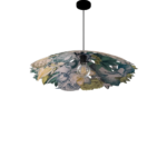 CITRON VERT PENDANT LIGHT BY JURAJ STRAKA — botanical disc lamp in chartreuse, forest green, teal and grey with Edison globe bulb, black canopy