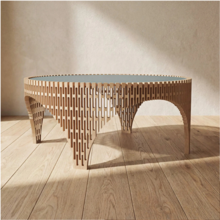 COLISEE COFFEE TABLE BY FREDERIK DELBART — circular solid oak openwork base with Vert Comodoro Fenix top, Ø80 × H.35 cm, made in France.
