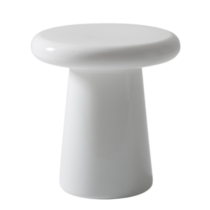 WHITE T TABLE BY JAIME HAYON — glossy white mushroom-shaped ceramic side table with round overhanging top on tapered base. Three sizes available.
