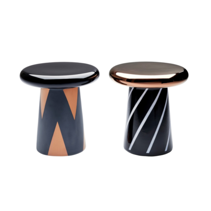 WAVE T TABLE BY JAIME HAYON — black & copper geometric and black & white stripe ceramic mushroom side tables, glossy finish, paired display.