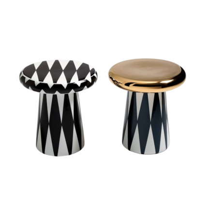 VERTICAL STRIPES T TABLE BY JAIME HAYON — all-over black & white harlequin and gold-cap navy harlequin ceramic mushroom side tables displayed together.