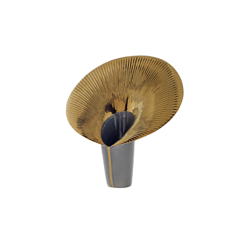 GOLD FUSCA VASE BY CONSTANCE GUISSET — gloss grey ceramic base with wide tilted gold radiating ridged disc rim, calla lily silhouette form. GOLD FUSCA VASE BY CONSTANCE GUISSET — gloss grey ceramic base with wide tilted gold radiating ridged disc rim, calla lily silhouette form.