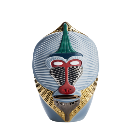 PRIMATES MANDRILLUS BY ELENA SALMISTRARO — sky blue ribbed ceramic mandrill vase with vivid red nose, silver muzzle, green crest, and gold collar detail.