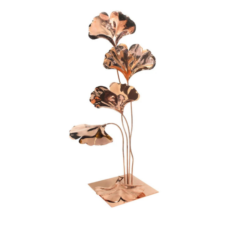 PER EGEO SCULPTURE BY ALESSANDRO RAMETTA— hand-forged polished copper ginkgo biloba leaf sculpture on tall stems rising from a square base.