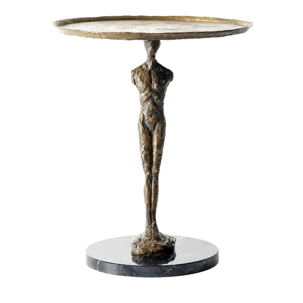 BRONZE HIM SIDE TABLE — antique bronze male figure sculpture base with beveled tray top and polished round black marble base BRONZE HIM SIDE TABLE — antique bronze male figure sculpture base with beveled tray top and polished round black marble base