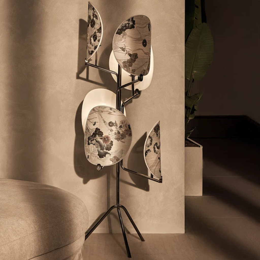 AKIRA IVORY SIX LIGHT FLOOR LAMP — six floral ivory disc shades on polished brass tripod base with curved arms and botanical print AKIRA IVORY SIX LIGHT FLOOR LAMP — six floral ivory disc shades on polished brass tripod base with curved arms and botanical print
