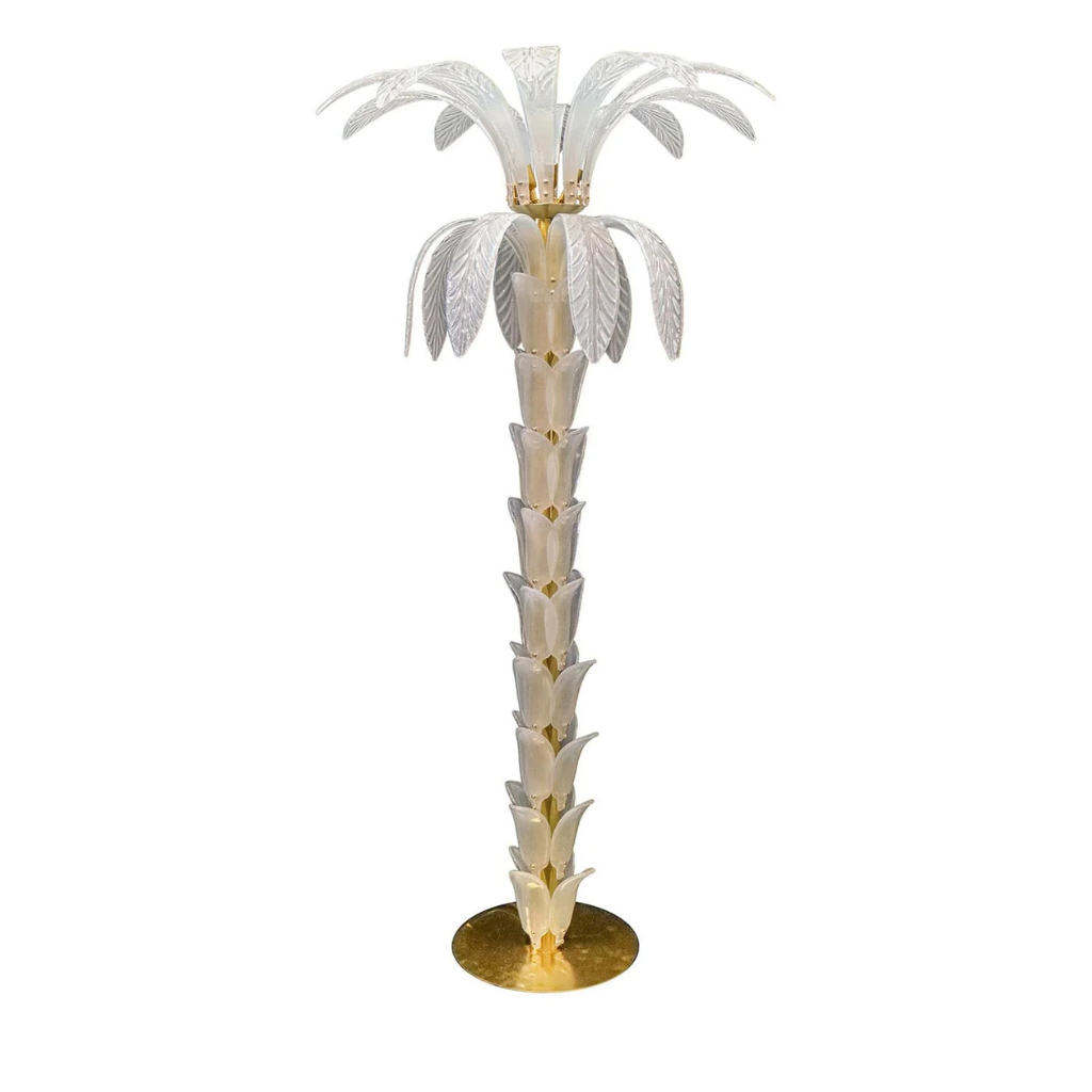PALMA WHITE FLOOR LAMP — opaline white Murano glass palm tree floor lamp with layered glass fronds and gold-finished brass base PALMA WHITE FLOOR LAMP — opaline white Murano glass palm tree floor lamp with layered glass fronds and gold-finished brass base