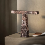BRUCHI RED LEVANTO TABLE LAMP BY NIKO KORONIS — deep burgundy T-shaped red Levanto marble table lamp, LED ready, UL & CE certified