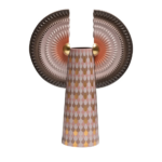 SOLAR DISC BIRD WITH WINGS BROWN AND ROSE CERAMIC VASE — lilac grey ceramic disc wings on scallop-patterned cylindrical vase