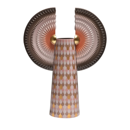 SOLAR DISC BIRD WITH WINGS BROWN AND ROSE CERAMIC VASE — lilac grey ceramic disc wings on scallop-patterned cylindrical vase