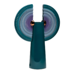 SOLAR DISC BIRD WITH WINGS BISCAY BAY CERAMIC VASE — deep teal cylindrical vase with violet-centre disc wings and copper sphere connectors