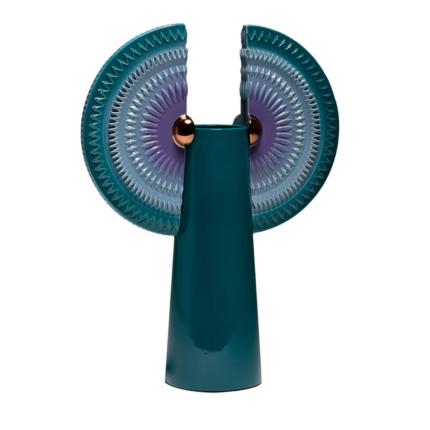 SOLAR DISC BIRD WITH WINGS BISCAY BAY CERAMIC VASE — deep teal cylindrical vase with violet-centre disc wings and copper sphere connectors