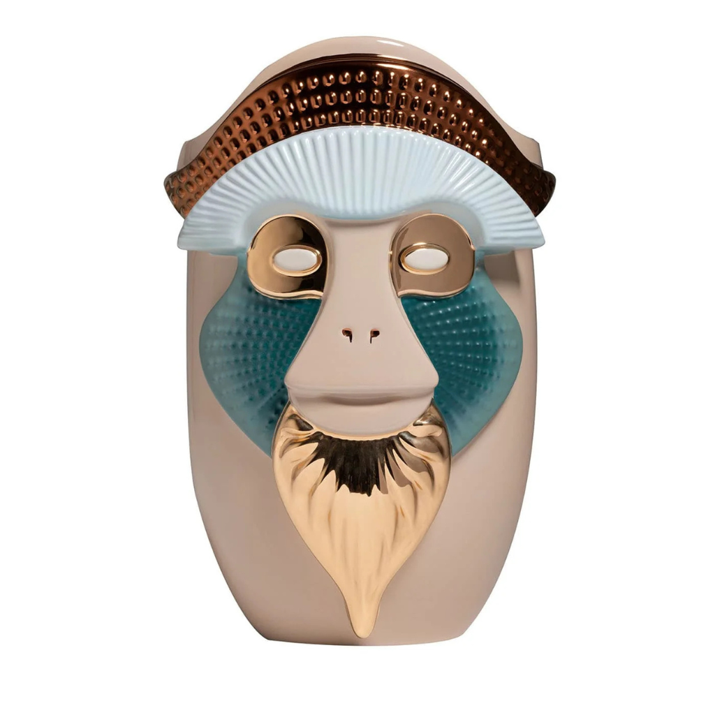 PRIMATES BRAZZA GLOSSY BEIGE CERAMIC WITH METAL DETAILS VASE — face vase with gold eyes and beard, teal cheek pads by Elena Salmistraro PRIMATES BRAZZA GLOSSY BEIGE CERAMIC WITH METAL DETAILS VASE — face vase with gold eyes and beard, teal cheek pads by Elena Salmistraro