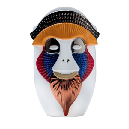 PRIMATES BRAZZA VASE GLOSSY WHITE CERAMIC WITH METAL DETAILS — blue-red cheek pads vase with copper beard, orange brow and chrome crown by Elena Salmistraro