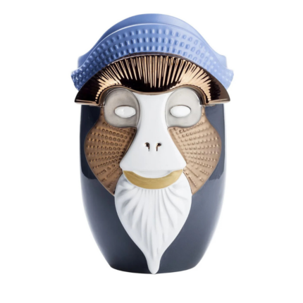PRIMATES BRAZZA LEAD GRAY CERAMIC WITH METAL DETAILS VASE — navy mandrill vase with bronze fan brow, copper cheek pads, white sculpted beard and blue crown
