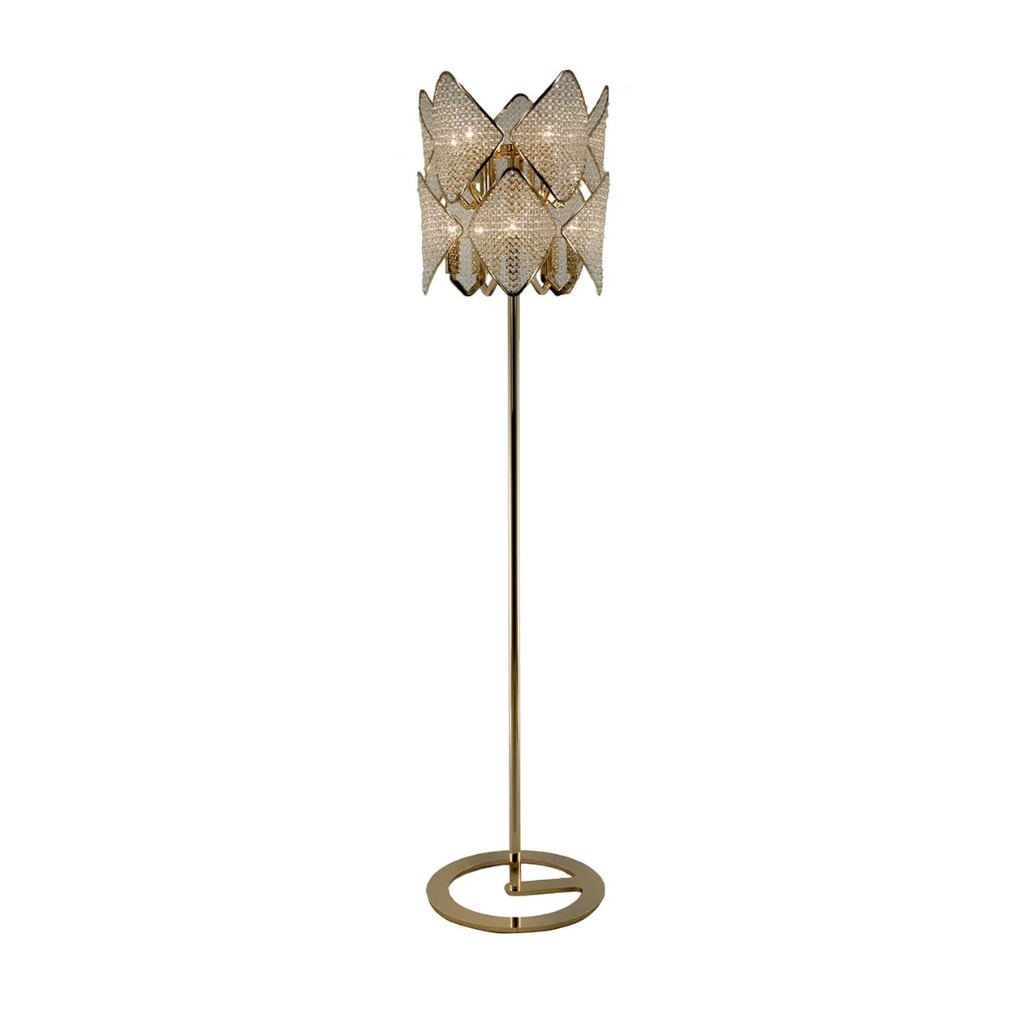 HOLLY FLOOR LAMP BY ROBERTO LAZZERONI with overlapping diamond-shaped crystal panels and slender gold metal pole, 68.9 inches tall, front view HOLLY FLOOR LAMP BY ROBERTO LAZZERONI with overlapping diamond-shaped crystal panels and slender gold metal pole, 68.9 inches tall, front view