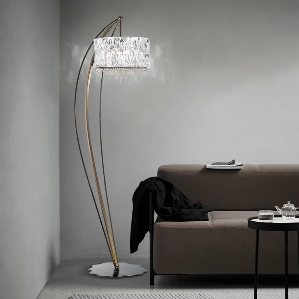 CRYSTAL BLADE FLOOR LAMP WITH BLACK AUBERGINE FINISH with textured drum shade and dark scalloped base, 74.8 inches tall, three-quarter view CRYSTAL BLADE FLOOR LAMP WITH BLACK AUBERGINE FINISH with textured drum shade and dark scalloped base, 74.8 inches tall, three-quarter view