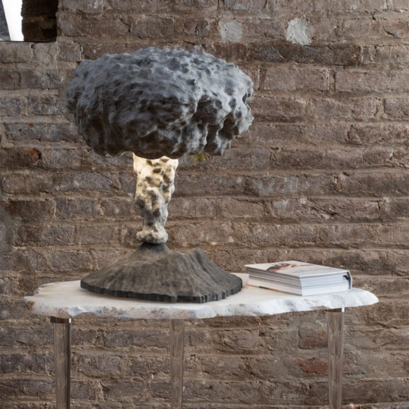 PLINIO SMALL TABLE LAMP shaped as a volcanic eruption mushroom cloud with warm glowing peak, 23.6 inches tall, front view
