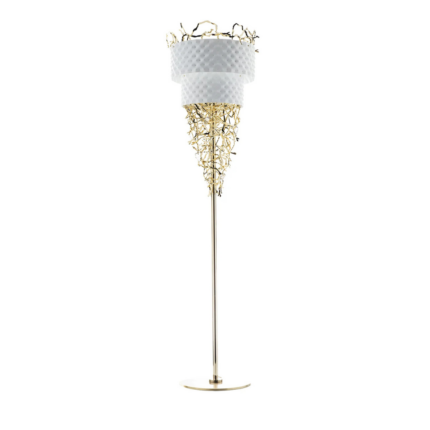 GROOVY WHITE VELVET AND LIGHT GOLD FLOOR LAMP with velvet drum shade and cascading gold branch tendrils, 70.9 inches tall, front view