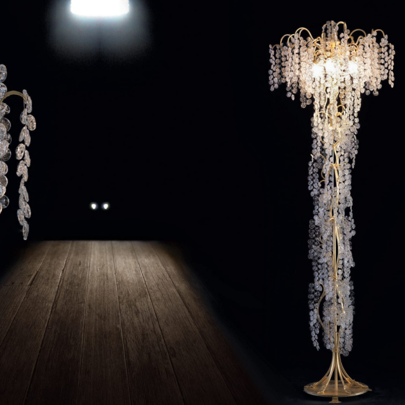 STARDUST GOLD FLOOR LAMP with dense cascading strings of pink and lavender round glass crystal petals, 78.7 inches tall, front view