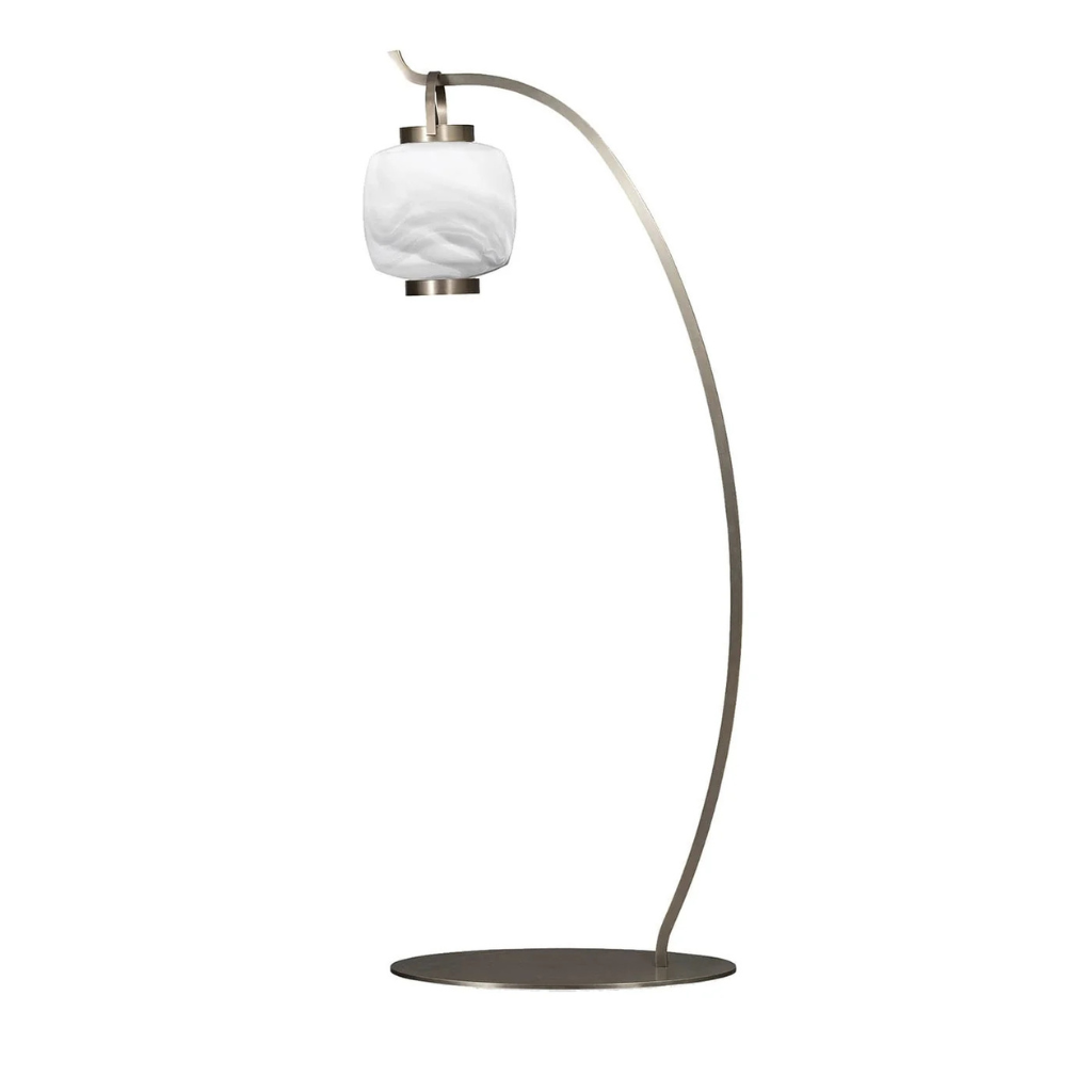 JOLANDA FLOOR LAMP with cloud-texture white opal Murano glass globe shade suspended at arc apex, 73.4 inches tall, side view JOLANDA FLOOR LAMP with cloud-texture white opal Murano glass globe shade suspended at arc apex, 73.4 inches tall, side view