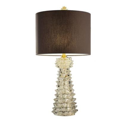 PAHLA TABLE LAMP with wide dark brown cotton drum shade and gold finial, 31.5 inches tall, front view