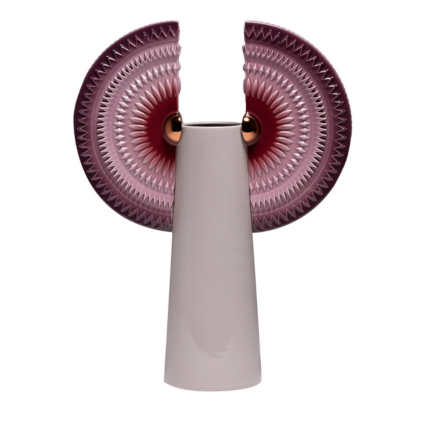 SOLAR DISC BIRD WITH WINGS LILAC CERAMIC VASE with two large semi-circular bordeaux mandala, front view