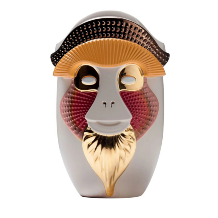 PRIMATES BRAZZA GREY CERAMIC WITH METAL DETAILS VASE with stylized mandrill face, dark copper beret crown and gold flowing beard
