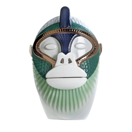 PRIMATES KANTI GLOSSY GREY AND GREEN CERAMIC WITH METAL DETAILS with sculpted ape face, teal scale body, copper frame, and silver nose detail, front view
