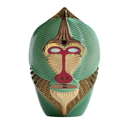 PRIMATES MANDRILLUS GREEN CERAMIC WITH METAL DETAILS VASE, crimson T-bar nose ridge, white eye surrounds, gold V-collar bib, and copper crown spike, front view