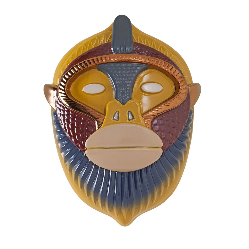 PRIMATES MASK KANDTI GLOSSY MULTICOLOR CERAMIC WITH METAL DETAILS WALL SCULPTURE — amber yellow body, slate blue beard, copper visor rim, front view PRIMATES MASK KANDTI GLOSSY MULTICOLOR CERAMIC WITH METAL DETAILS WALL SCULPTURE — amber yellow body, slate blue beard, copper visor rim, front view
