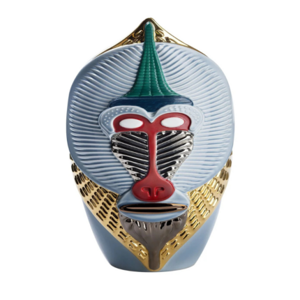 PRIMATES MANDRILLUS GLOSSY LIGHT BLUE CERAMIC WITH METAL DETAILS VASE with sculpted mandrill face, crimson T-bar nose, silver ribbed center, front view