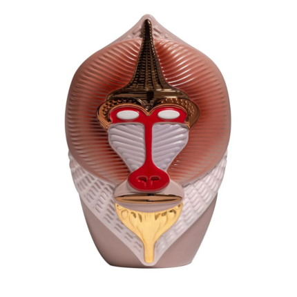 PRIMATES MANDRILLUS GLOSSY PINK CERAMIC WITH METAL DETAILS VASE with mandrill face, crimson T-bar nose ridge, and gold beard, front view