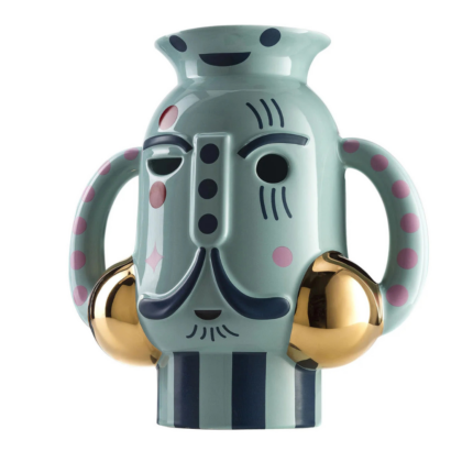 KING VASE GLOSSY GREEN CERAMIC WITH METAL DETAILS VASE with illustrated face, pink polka dot loop handles, gold sphere accents, and dark navy stripes