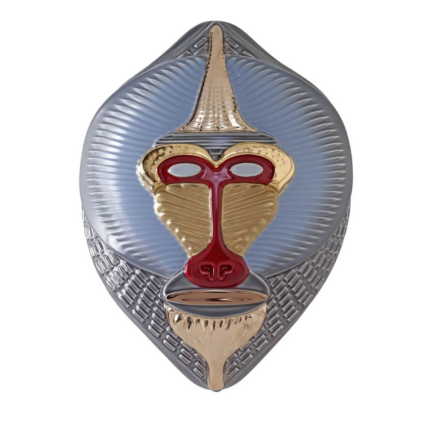 PRIMATES MASK MANDRILLUS GLOSSY LIGHT BLUE WITH METAL DETAILS WALL SCULPTURE in glossy light blue with gold and red metal details by Elena Salmistraro