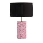 LUME BAROCCO TALL CYLINDRICAL PINK CERAMIC WITH BLACK LAMPSHADE TABLE LAMP with embossed Sicilian leaf and curl pattern base