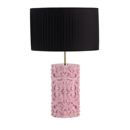 LUME BAROCCO TALL CYLINDRICAL PINK CERAMIC WITH BLACK LAMPSHADE TABLE LAMP with embossed Sicilian leaf and curl pattern base