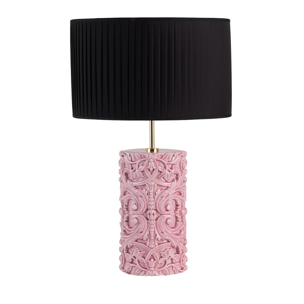 LUME BAROCCO TALL CYLINDRICAL PINK CERAMIC WITH BLACK LAMPSHADE TABLE LAMP with embossed Sicilian leaf and curl pattern base LUME BAROCCO TALL CYLINDRICAL PINK CERAMIC WITH BLACK LAMPSHADE TABLE LAMP with embossed Sicilian leaf and curl pattern base