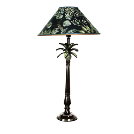 PALM GREEN TABLE LAMP with pineapple detail and tropical green botanical jungle-print fabric cone shade