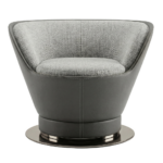 AURA GRAY LEATHER AND TEXTILE SWIVEL ARMCHAIR with light woven textile interior, Memory Foam seat cushion, stitched panels, and circular gunmetal disc base