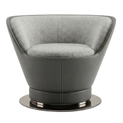 AURA GRAY LEATHER AND TEXTILE SWIVEL ARMCHAIR with light woven textile interior, Memory Foam seat cushion, stitched panels, and circular gunmetal disc base