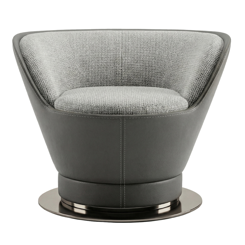 AURA GRAY LEATHER AND TEXTILE SWIVEL ARMCHAIR with light woven textile interior, Memory Foam seat cushion, stitched panels, and circular gunmetal disc base AURA GRAY LEATHER AND TEXTILE SWIVEL ARMCHAIR with light woven textile interior, Memory Foam seat cushion, stitched panels, and circular gunmetal disc base
