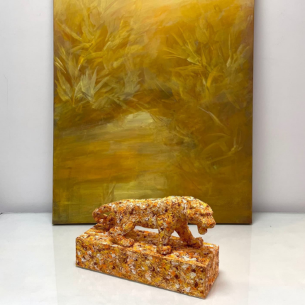 TIGRE GIALLA SCULPTURE in prowling stance on rectangular base with richly textured oil brushstroke finish